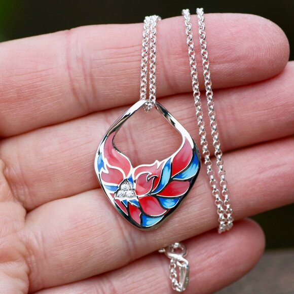 Silver Pink Enamel Flower Pendant with Cubic Zirconias, Gardening, Flowers - Picture 2 of 5